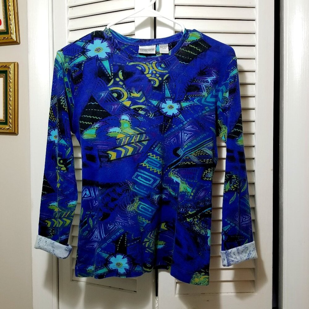 Women’s Cotton T-shirt -0- Chico’s Long Sleeve 90s Vintage Abstract Print Tee